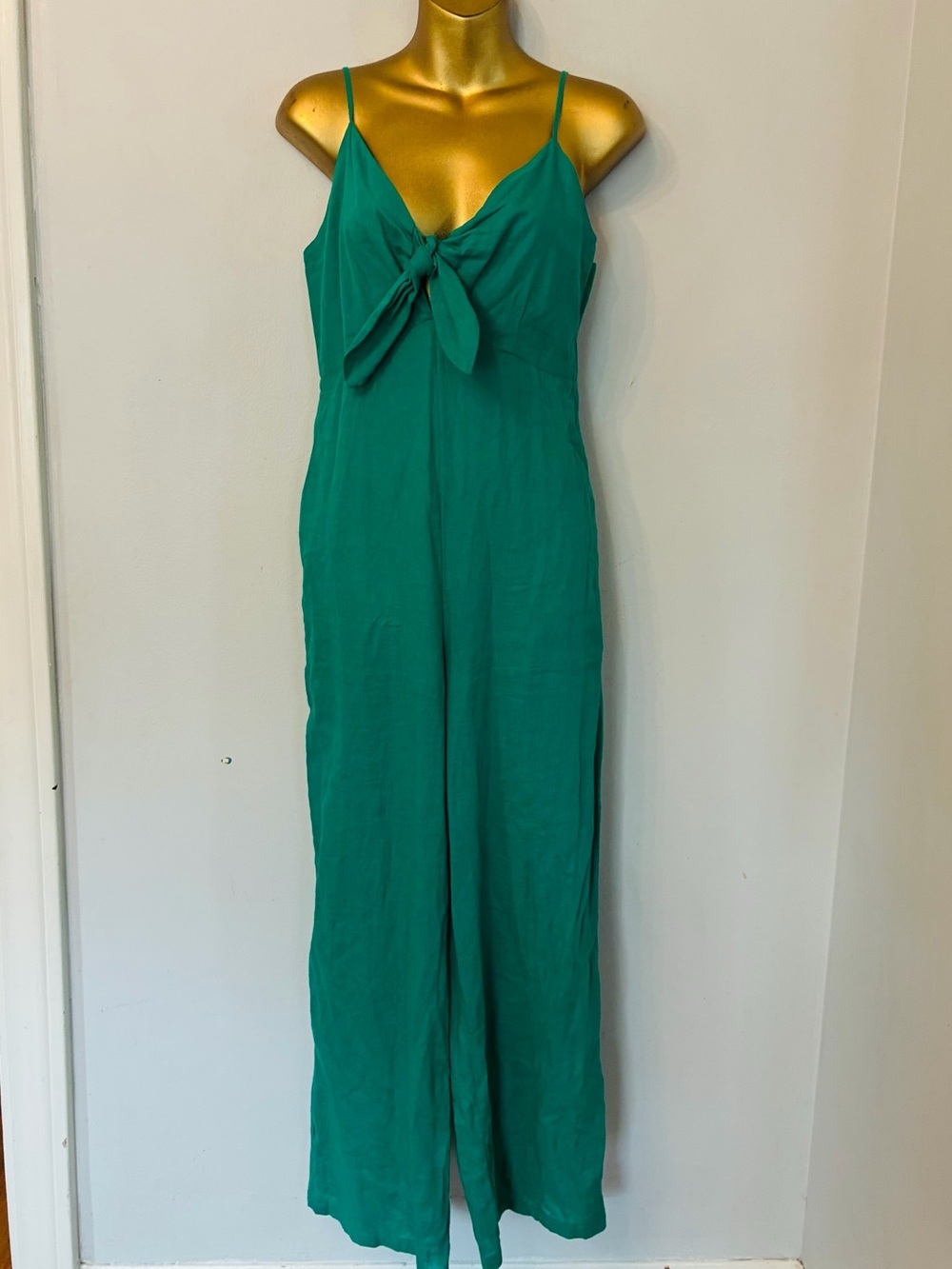 Mango MNG Emerald Green Linen Blend Tie Front Wide Leg Jumpsuit XS Resort Vacati - Picture 2 of 5